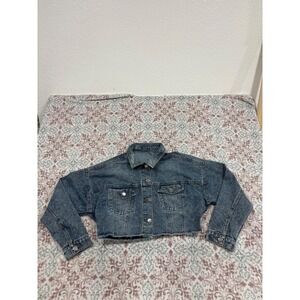 Blu Edit Womens Cropped Denim Jacket Medium Wash Raw Hem Elastic Back Size M
